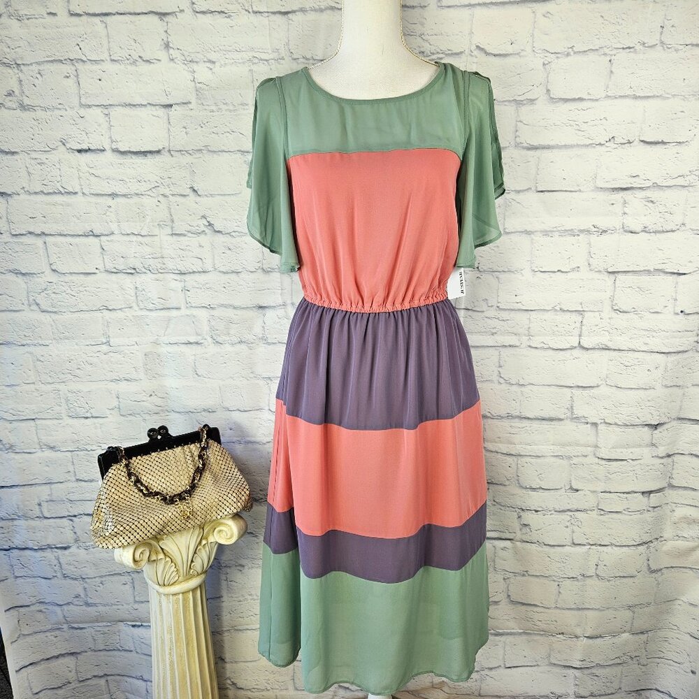 NWT JustFab Size S Pastel Pink/Purple/Grn. Color Block Flutter Sleeve Midi Dress
